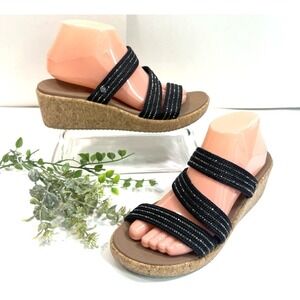 Skechers Womens Sandals Arch Fit Black Size 9 Slides Rhinestones Wedge Cork NWOB